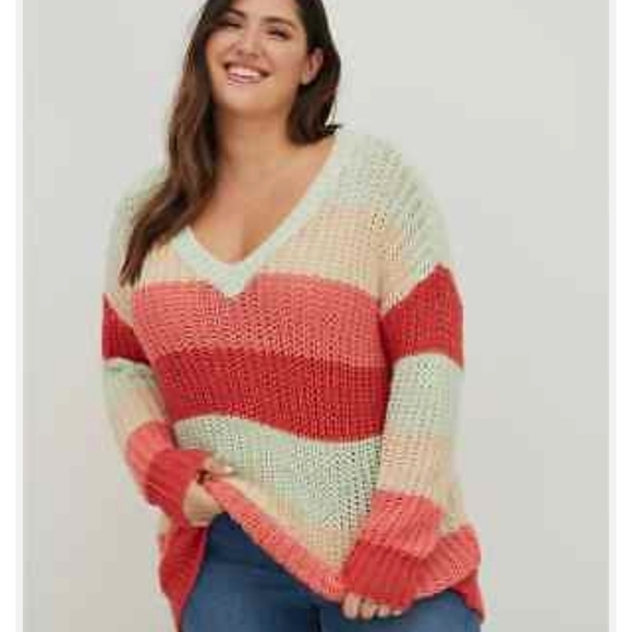 Torrid Multi Striped V-Neck Chunky Knit Pullover Long Sleeve Sweater - Picture 2 of 12
